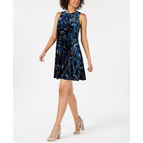 Nine West Trapeze Dress Womens 12 Blue Black Velvet Burnout Paisley Gothic Chic - Picture 1 of 16
